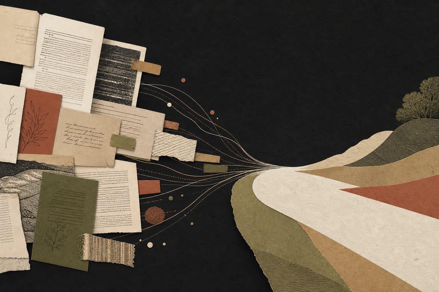 Editorial paper fragments and source notes converging into one clear path